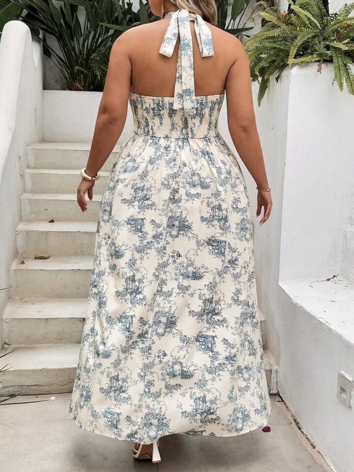 SHEIN CURVE+ Plus Size Blue Floral Long Sleeveless Dress, Suitable For Music Festival, Summer Boho Vacation | SHEIN