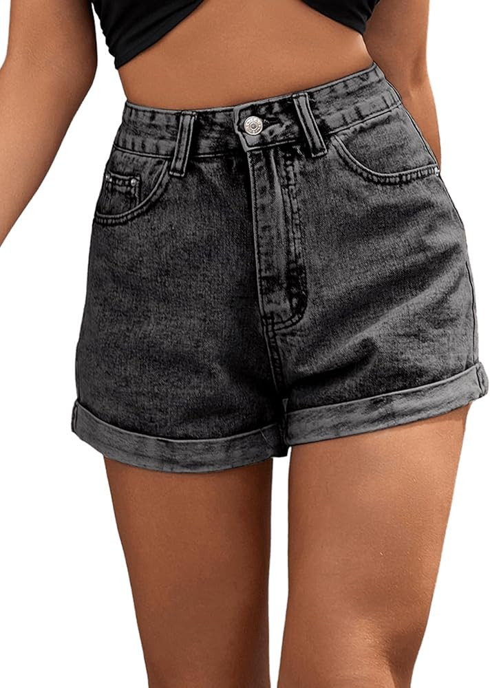 SweatyRocks Women's High Rise Roll Up Hem Straight Leg Denim Jean Shorts with Pocket | Amazon (US)