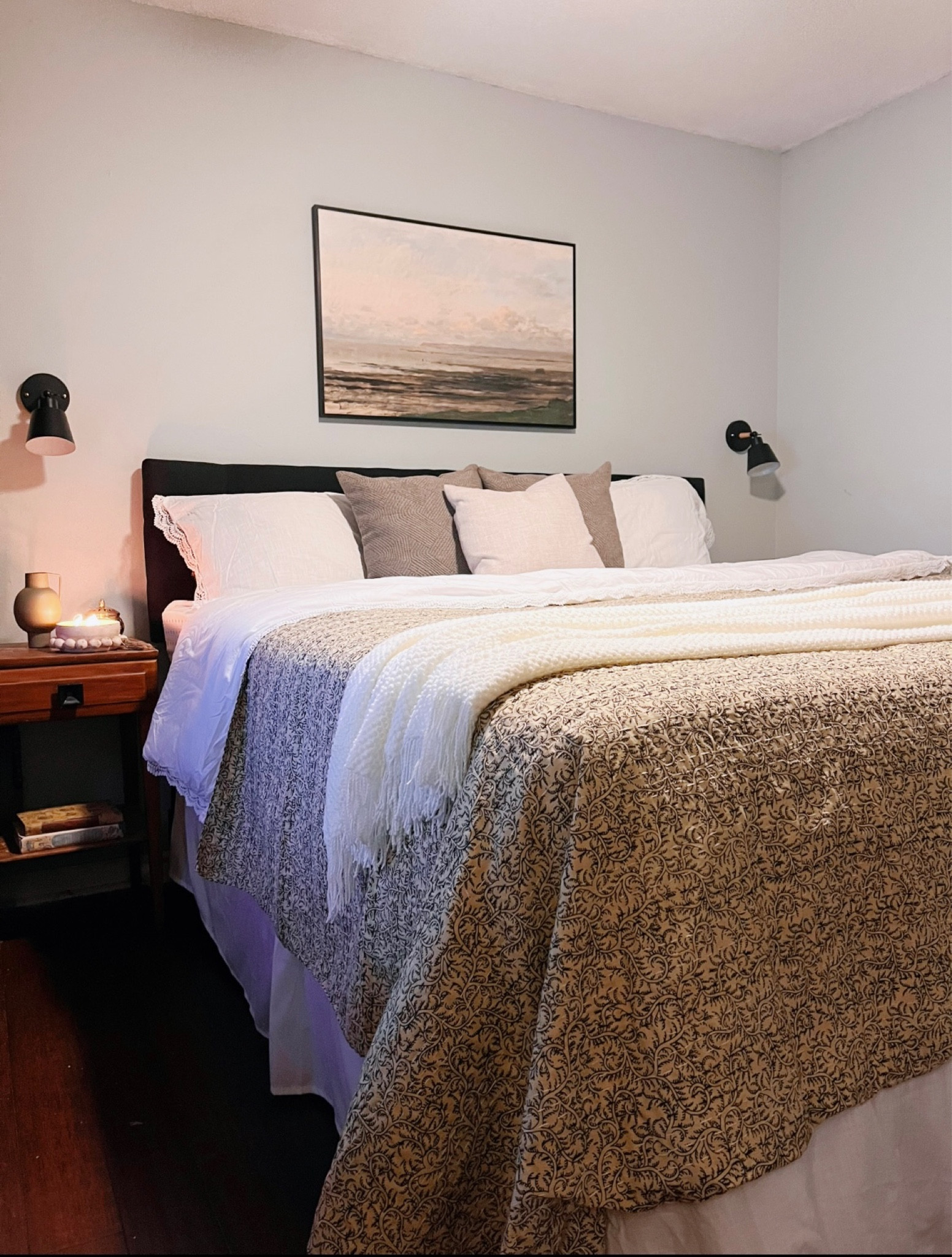 Shop my bedroom decor! Sconces, nightstands, kantha quilt, throw pillows, shams, throw blanket, bed skirt, vase, candle, 

#LTKhome #LTKFind #LTKsalealert