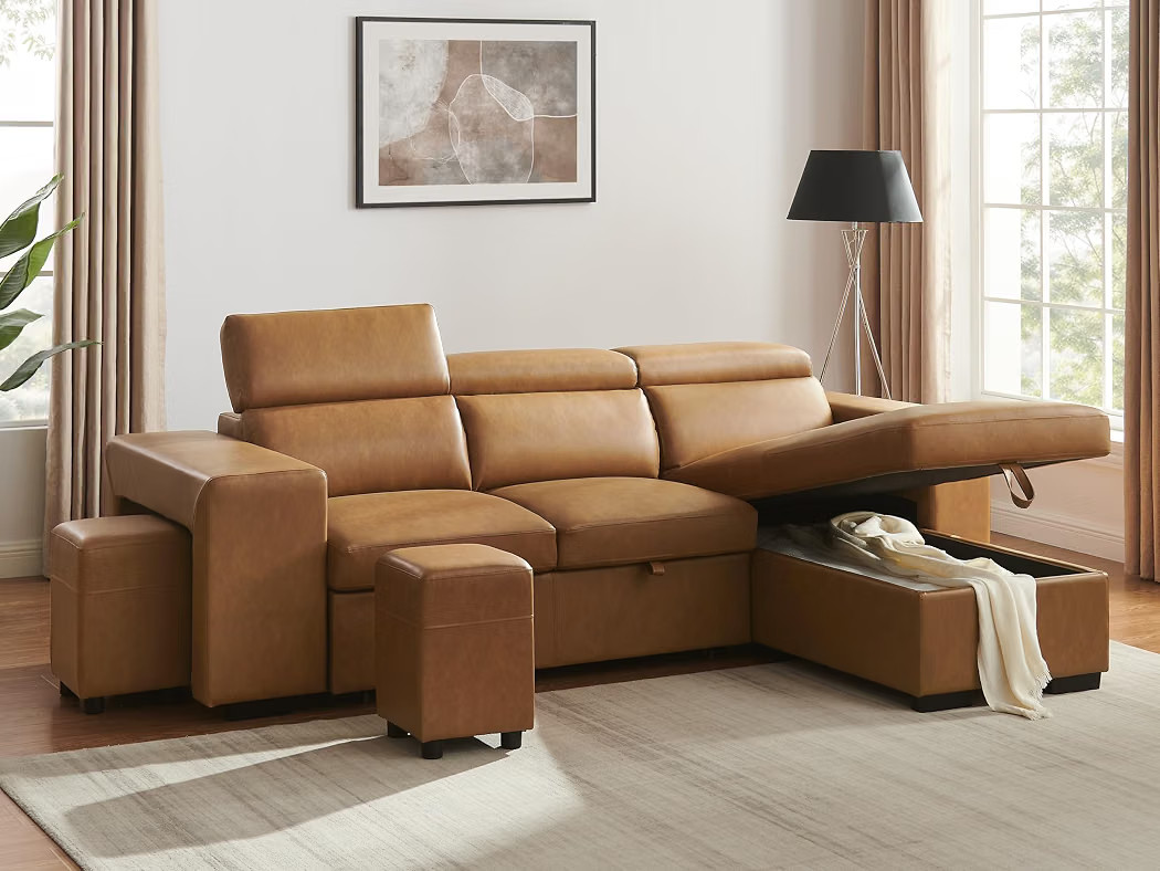 102'' Brown Leather L Shaped Sectional Sleeper Sofa with Pull Out Bed | Amazon (US)