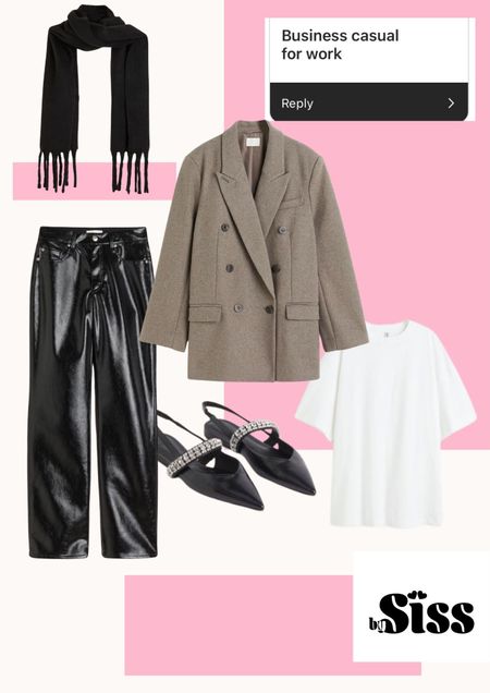 Style ideas, business casual, love to combine an oversized blazer with a leather look pants and a simple but perfect oversized fit tee.. make it a little bit glam and sophisticated w/ these amazing pointy black shoes 
#hmxme #styleinspiration #hm #officewear 