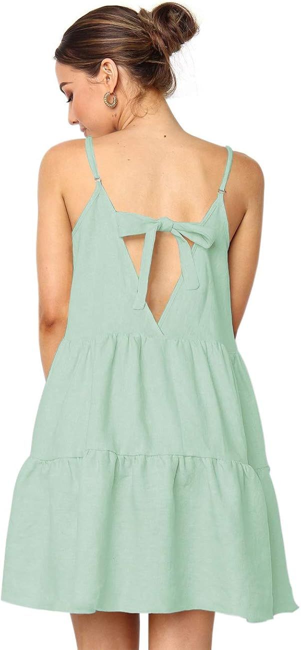 LOMON Spaghetti Strap Dress for Women Pleated Swing Dress Backless Casual Mini Dress | Amazon (US)