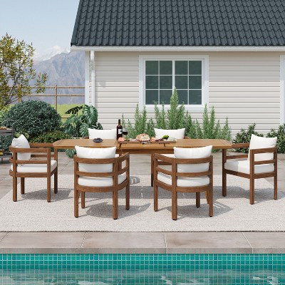 Christopher Knight Home Bennett Patio Rustic 7-Piece Acacia Wood Expandable Dining Table and Chairs Set with Cushions, Brown/Teak | Target