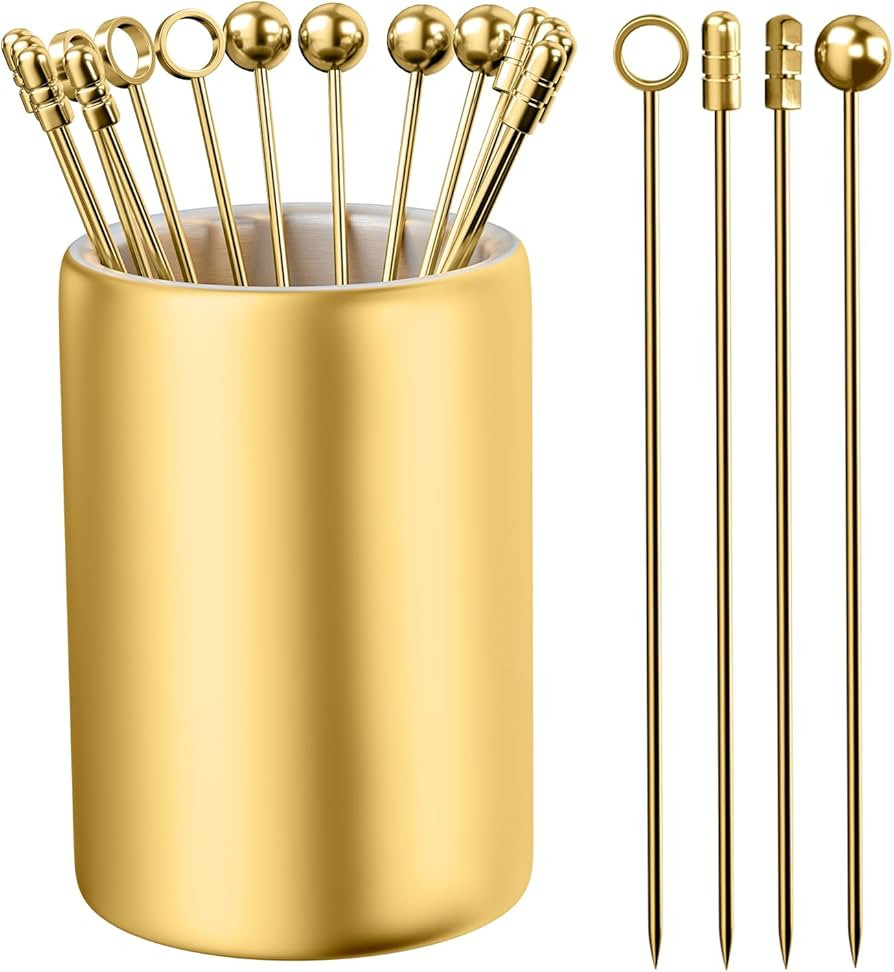 Metal Cocktail Picks 12Pack+Holder Kit, 304 Stainless Steel Toothpicks, Reusable Cocktail Skewers... | Amazon (US)