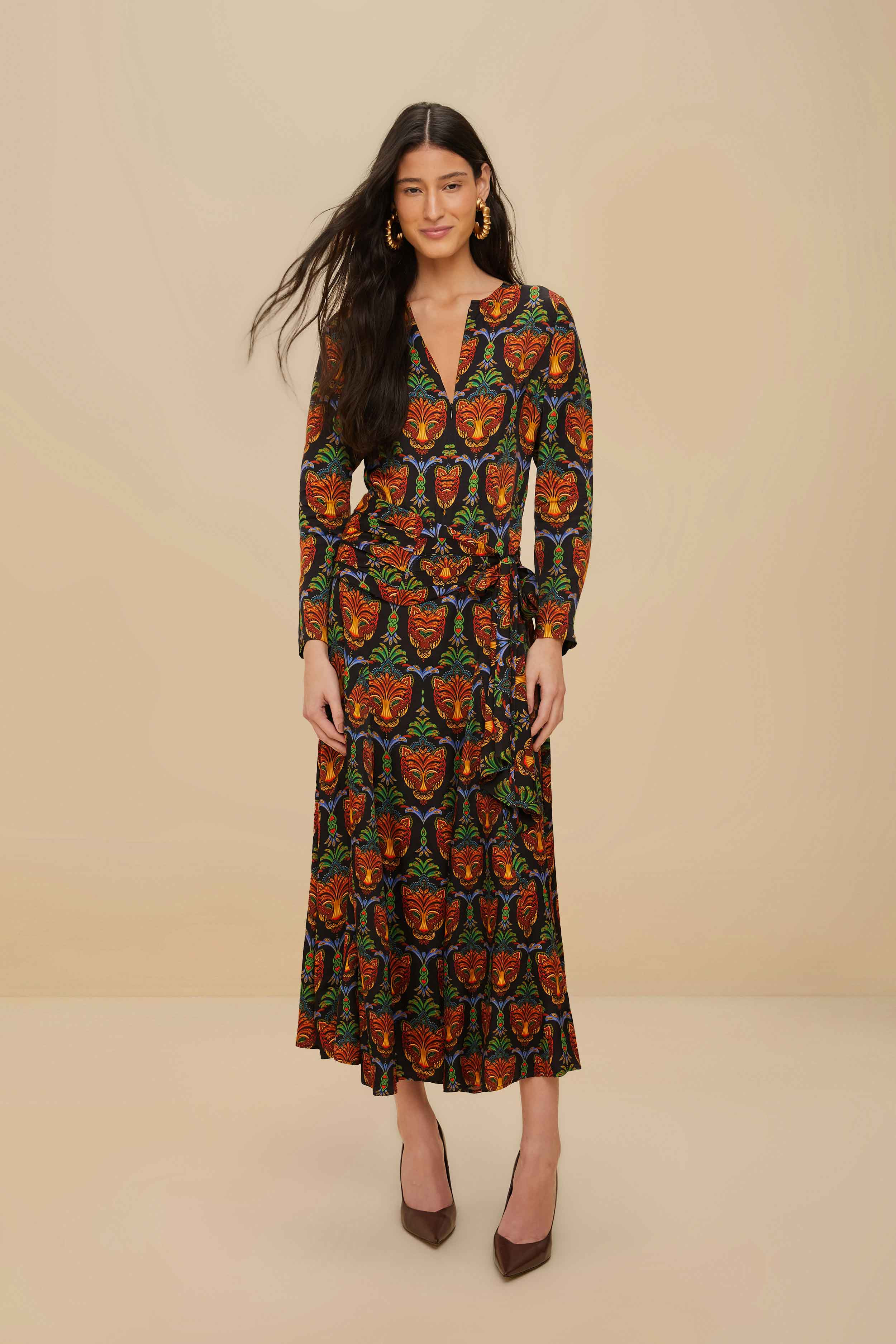 Black Boho Panther LENZING™ ECOVERO™ Viscose Midi Dress | FarmRio (US)