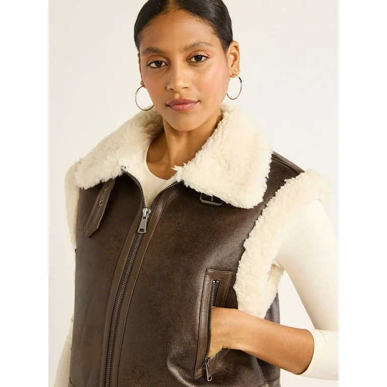 Scoop Women's Faux Suede Zip Vest with Faux Shearling Lining, Heavyweight, Sizes XS-XXL - Walmart... | Walmart (US)