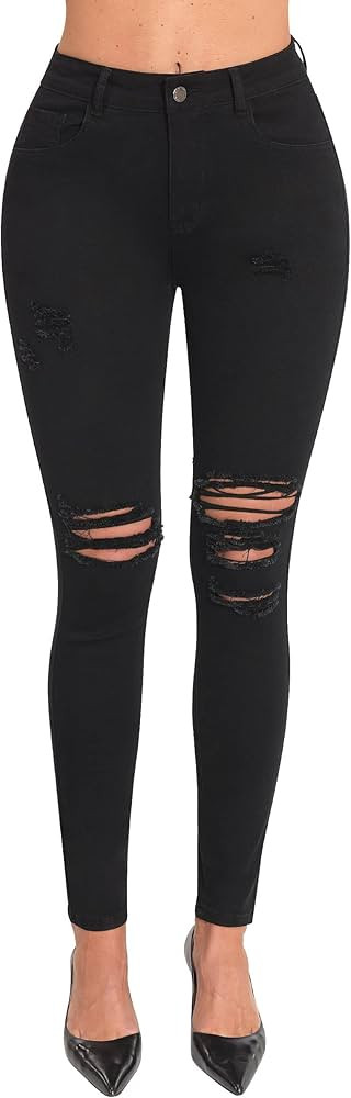 roswear Women's Essentials Ripped Mid Rise Destroyed Skinny Jeans | Amazon (US)