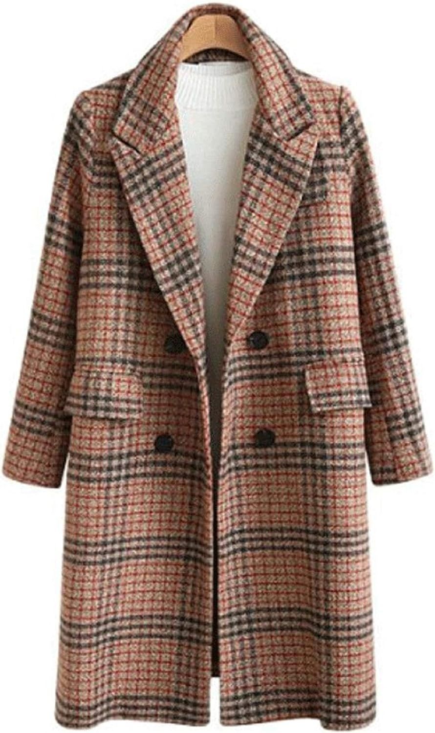 Chartou Women's Winter Oversize Lapel Collar Woolen Plaid Double Breasted Long Peacoat Jacket | Amazon (US)