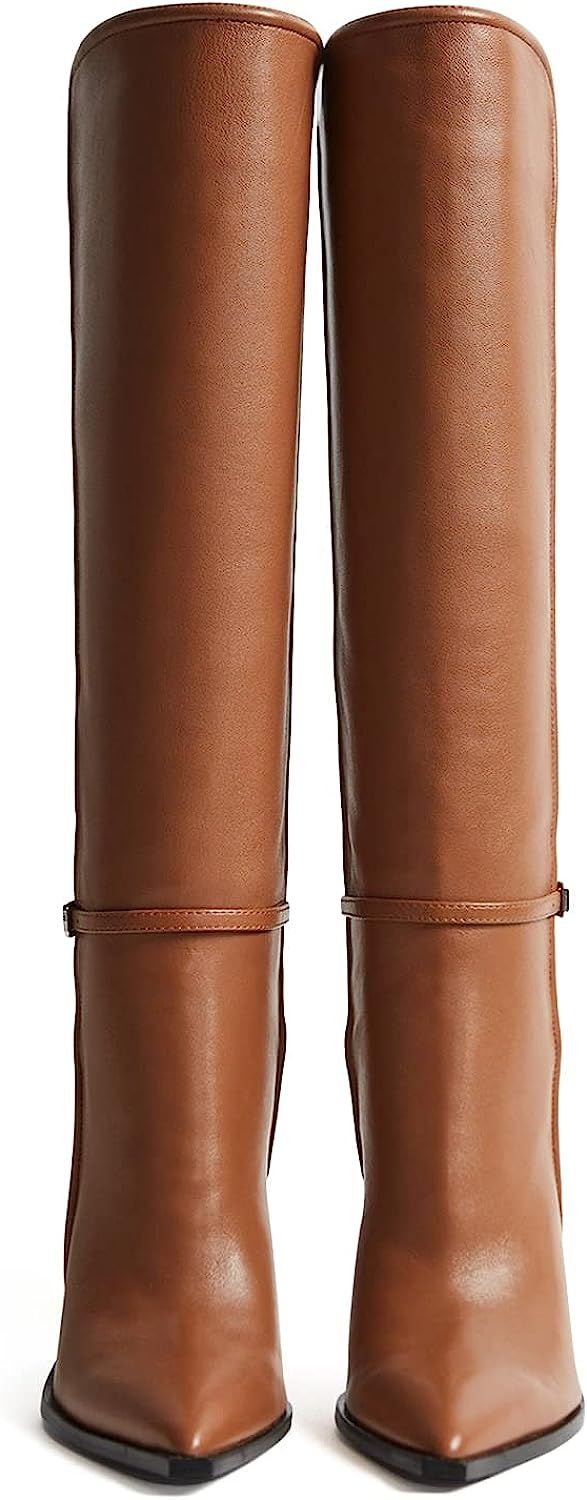 PiePieBuy Women's Stiletto Heel Knee Thigh High Boots Pointed Toe Wide Calf Strap Buckle Booties | Amazon (US)