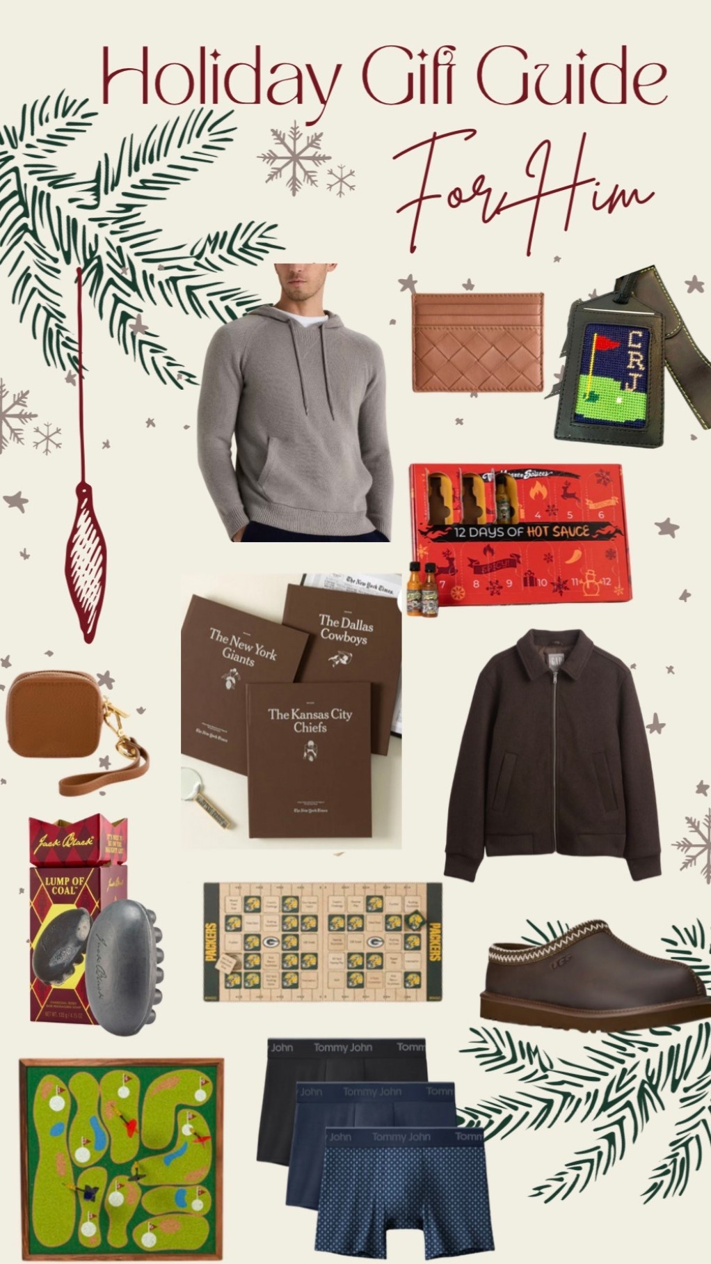 Holiday gift guide for him! Your dad, husband, uncle, brother, or friend!! 

Cashmere blend sweater, leather card holder, personalized golf bag tag, 12 days of hot sauce, leather AirPods case, history of his favorite football team, chocolate brown bomber, charcoal soap scrub, wooden football bingo game, UGG slippers, golf dartboard, Tommy John boxers 

Christmas for him | gifts for him | gifts for dad | Christmas gift guide 
Follow @mimipluswill for more! 

 

#LTKHoliday #LTKMens #LTKGiftGuide