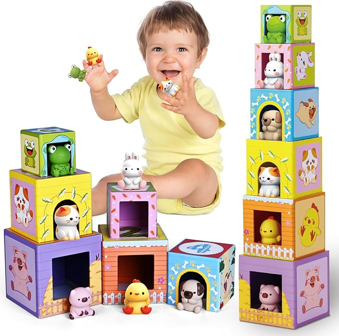 Toddler Farm Animal Sorting and Stacking Toys, Nesting Boxes and Blocks With Finger Puppets - Gif... | Amazon (US)
