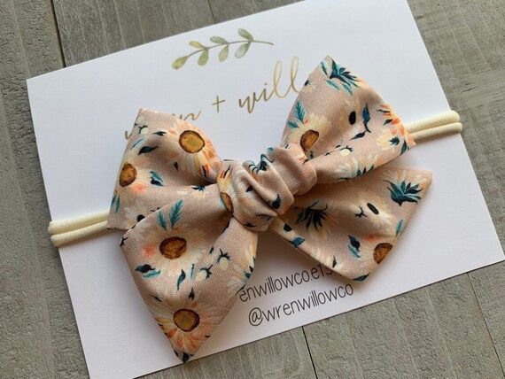 peachy sunflower floral bow, fall floral bow, pinwheel bow, chunky tied hair bow, nylon headband,... | Etsy (US)