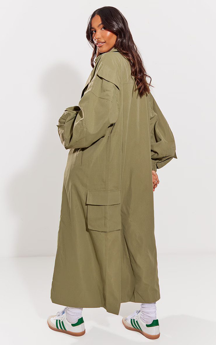 Khaki Cargo Pocket Detail Oversized Trench Coat | PrettyLittleThing UK