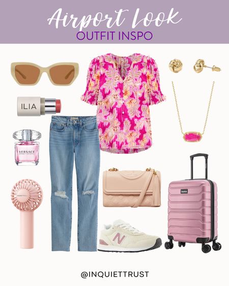 Here's a stylish yet comfy airport outfit idea: a pink ruffle top, denim jeans, cute purse, and more!
#traveloutfit #outfitinspo #vacationstyle springfashion

#LTKItBag #LTKTravel #LTKShoeCrush