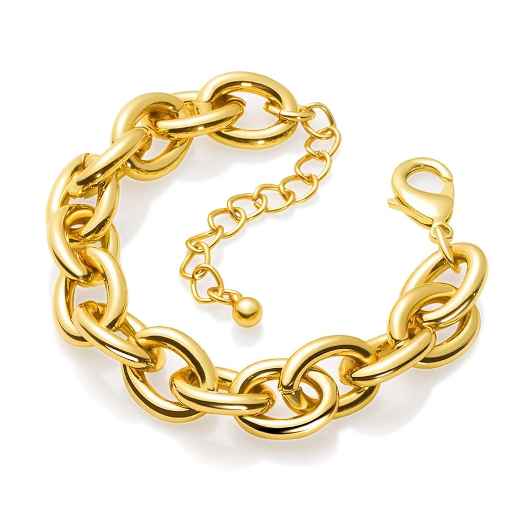 LANE WOODS Gold Bracelets for Women 14k Gold Plated Chunky Thick Large Link Chain Bracelet | Amazon (US)