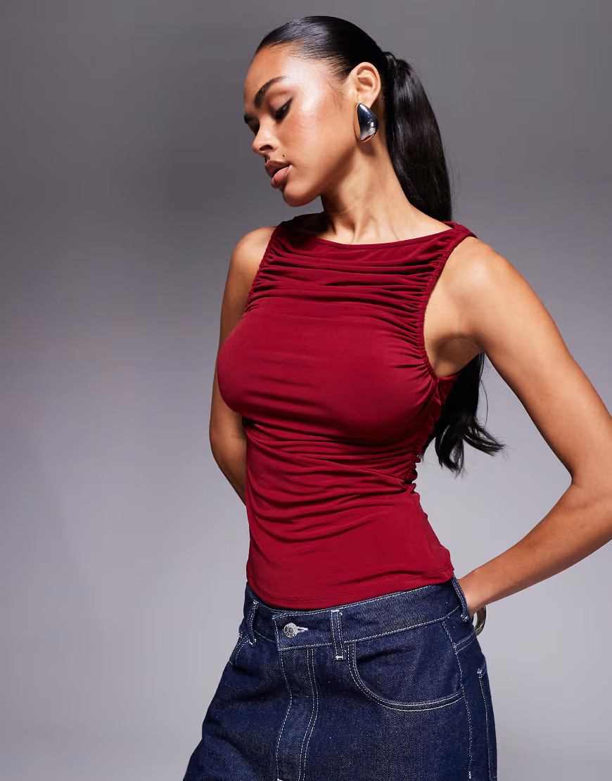 ASOS DESIGN slinky ruched sleeveless top in wine-Red | ASOS (Global)