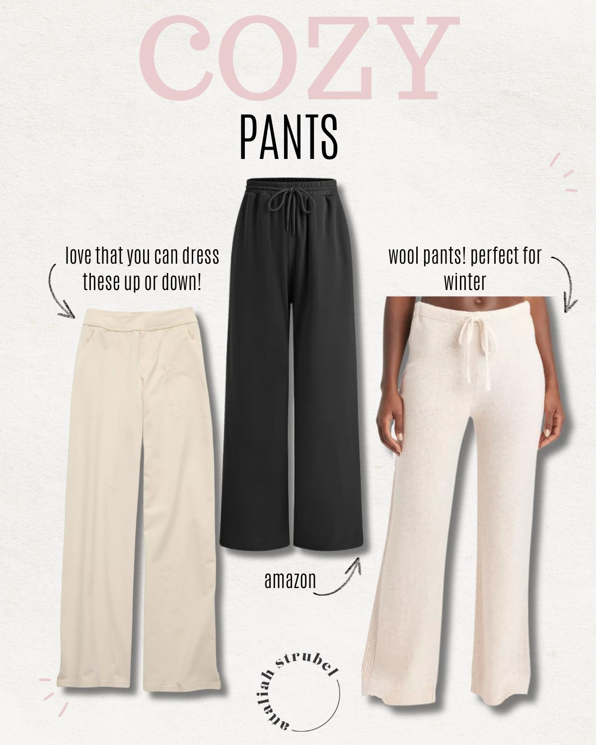 Linking three different styles of cozy pants. I am loving the wool pants from target. I am also obsessing over these trouser pants from Aerie that you can dress up or down, depending on your mood. They are so comfortable. The black pair is from Amazon and there are many other colors to choose from! 

 #LTKFindsUnder100 #LTKStyleTip