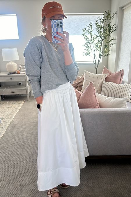 Finally found a white cotton skirt that’s not sheer! Runs a tad big. I’m wearing a 6 but could have done a small. The blue color is also amazing and has more sizes. 

Linking the sweatshirt, tee, hat, and jacket and second hat I shared on IG too  