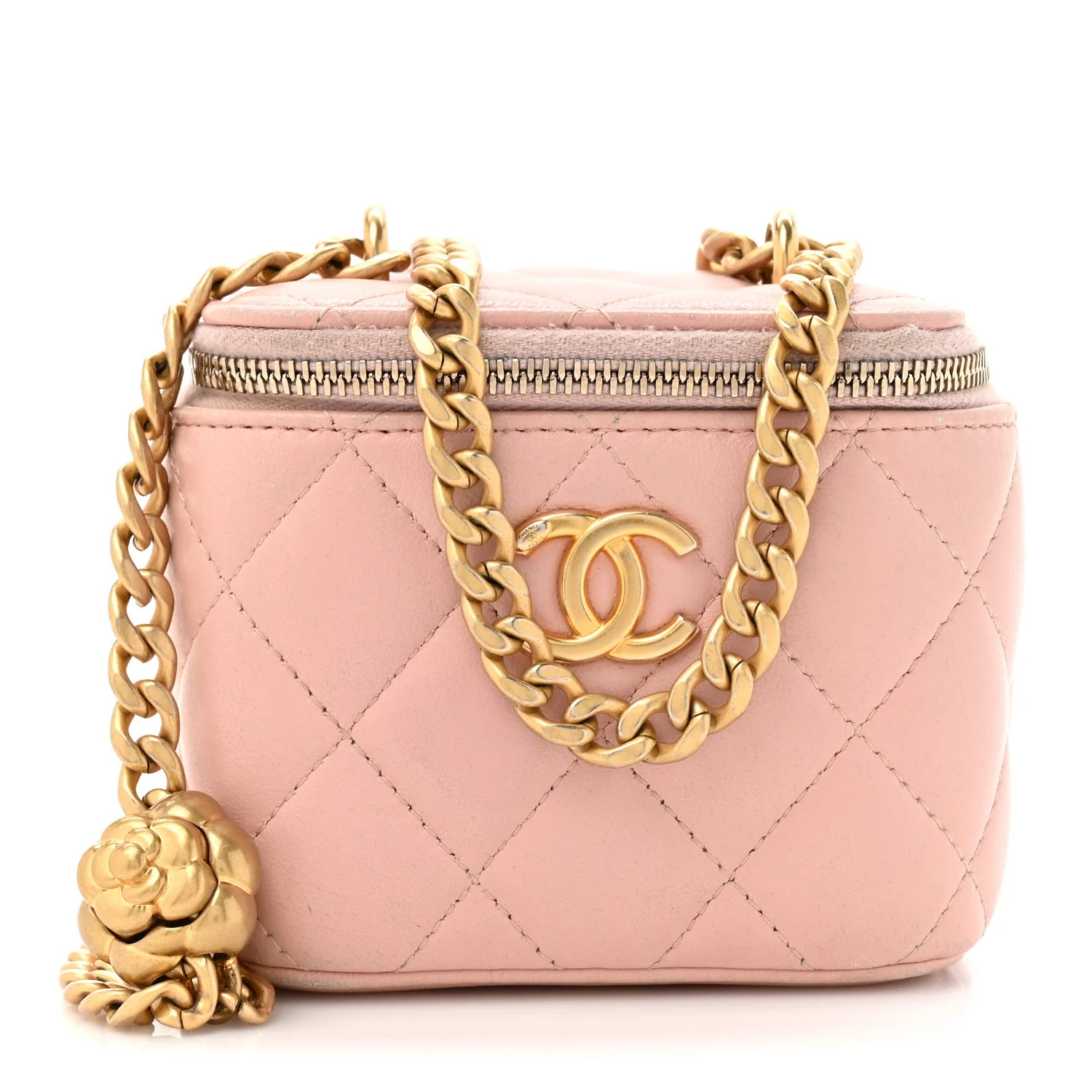 Lambskin Quilted Mini Sweet Camellia Vanity Case With Chain Pink | FASHIONPHILE (US)