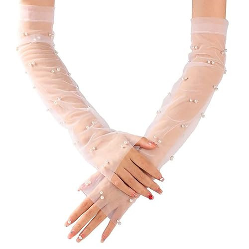 YAEISM Pearl Wedding Gloves White Bridal Gloves Sheer Silk Tulle Gloves Long Detachable Sleeves for Wedding Dresses Thin Fingerless Gloves for Women | Amazon (US)