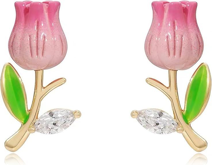 Pink Flower Earrings Tulip Flower Stud Earrings for Women Pearl Flower Earrings Ear Cuff Flower E... | Amazon (US)