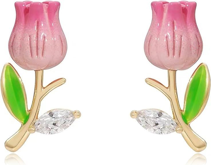 Pink Flower Earrings Tulip Flower Stud Earrings for Women Pearl Flower Earrings Ear Cuff Flower E... | Amazon (US)
