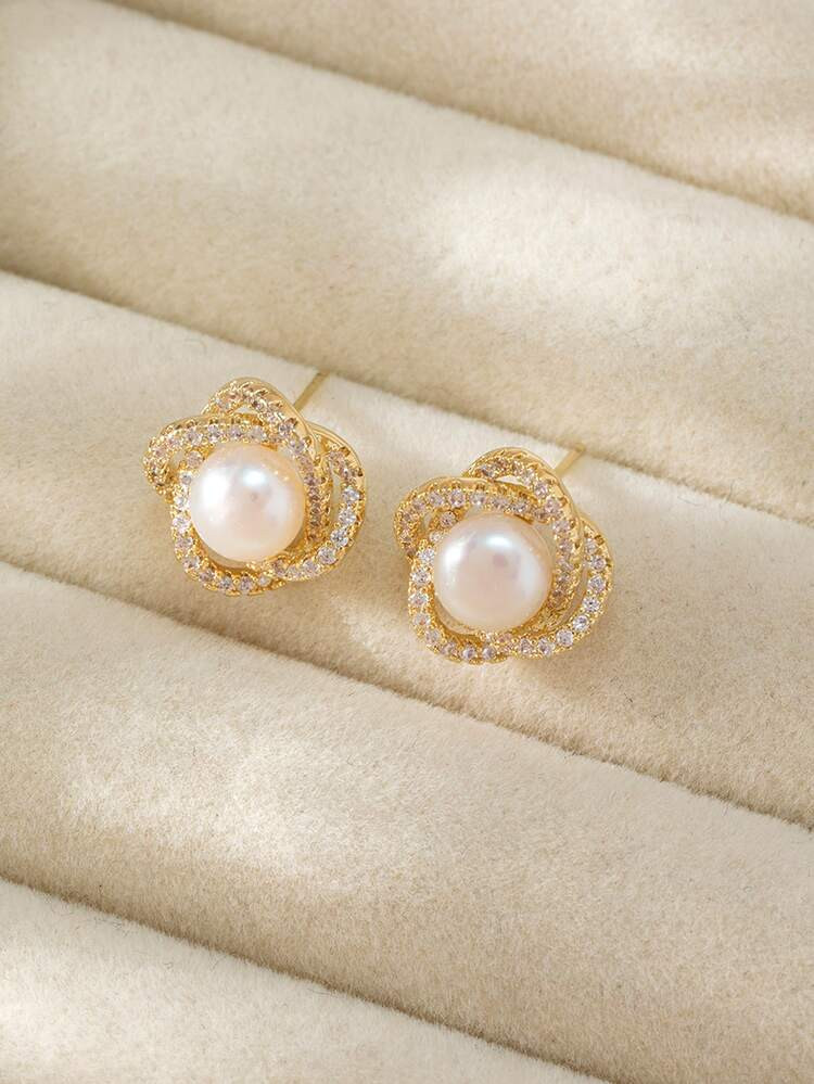 Cubic Zirconia & Faux Pearl Decor Stud Earrings | SHEIN
