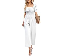 BZB Jumpsuits for Women Summer Square Neck Short Sleeve Rompers Wide Leg Pants with Pockets S-2XL | Amazon (US)
