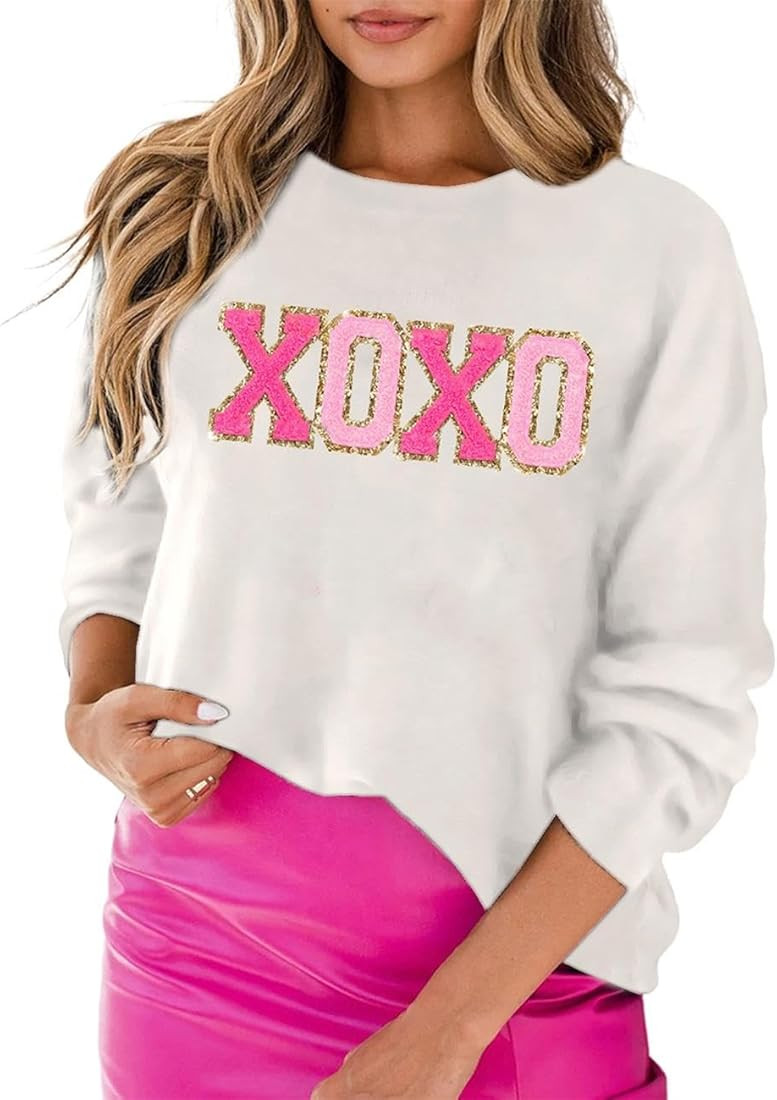 Ecosunny Women's Valentine's Day Crewneck Sweater XOXO Love Heart Print Casual Long Sleeve Pullov... | Amazon (US)