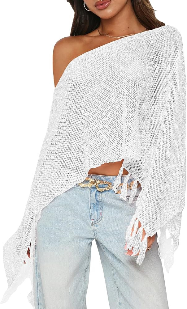 Womens Summer One Shoulder Knit Sheer Poncho Trendy Lightweight Boat Neck Fringe Pullover Sweater... | Amazon (US)