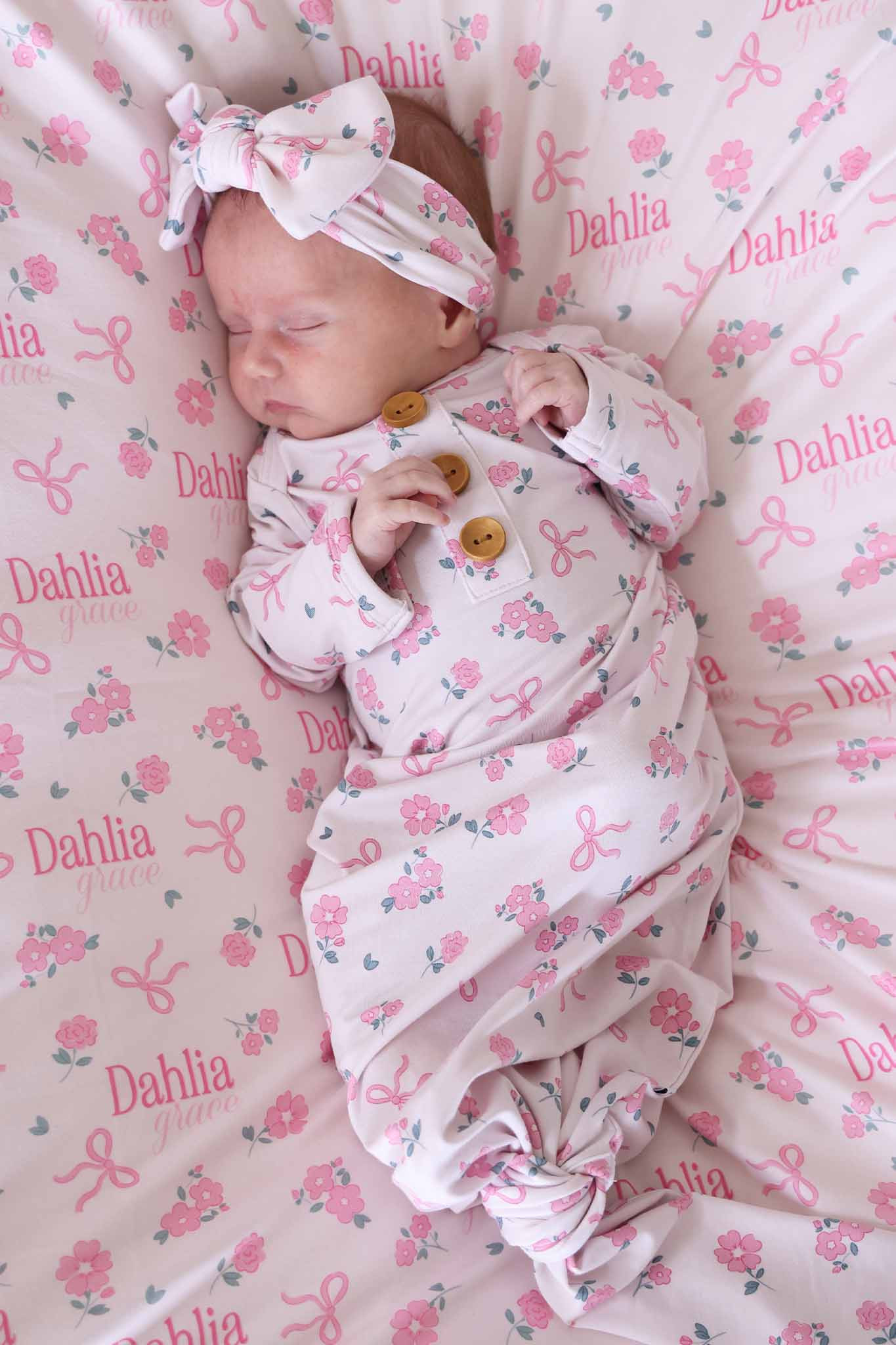 Ribbon & Roses Newborn Baby Knot Gown & Hat Set | Pink | Caden Lane