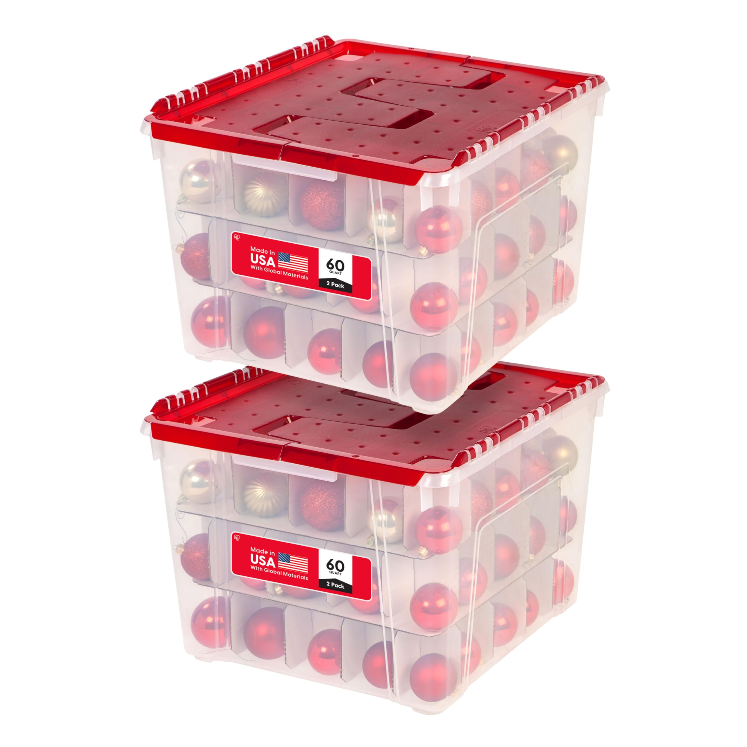 IRIS USA Ornament Storage Box with Attached Lid, Stores 75 Ornaments per Bin, 2-Pack, Stackable D... | Amazon (US)