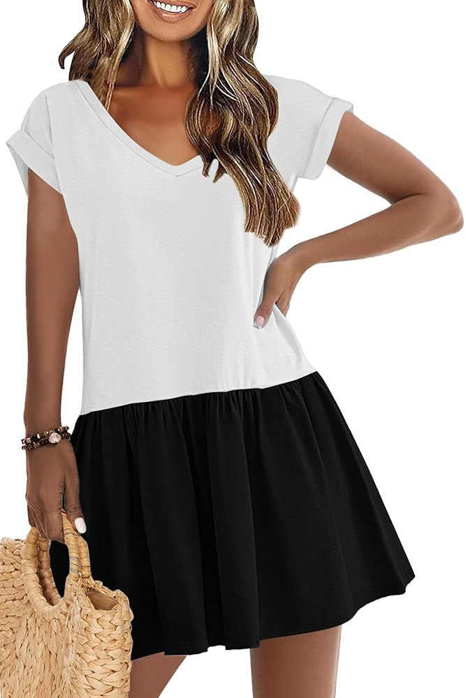 ETCYY NEW Summer Dresses for Women Rolled Short Sleeve Mini Dress Casual Beach V Neck Flowy Sundr... | Amazon (US)