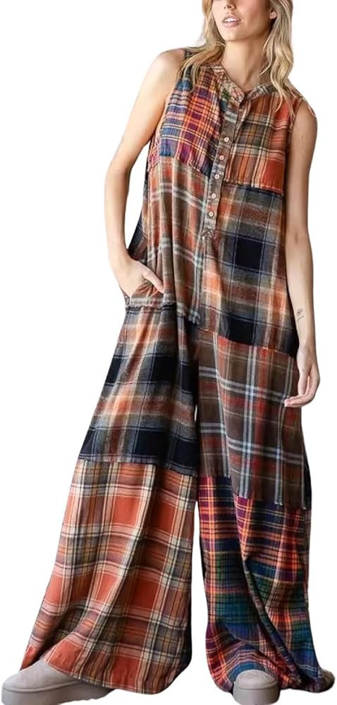 utcoco Women's 2025 Patchwork Plaid Jumpsuit Loose Boho Sleeveless Button Check Wide Leg Overalls | Amazon (US)