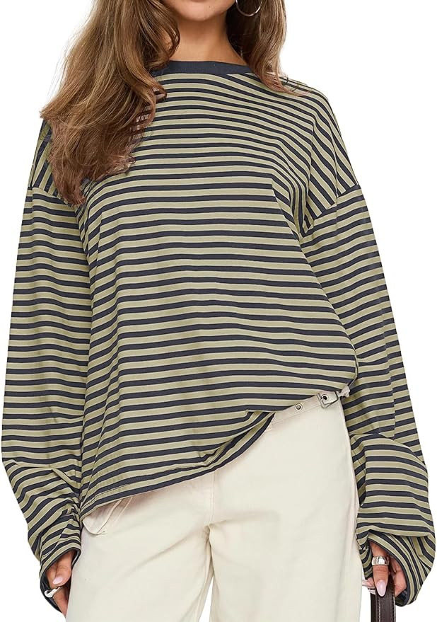 CHYRII Women Oversized Striped Long Sleeve T Shirt Fashion 2026 Crewneck Casual Fall Spring Tops ... | Amazon (US)