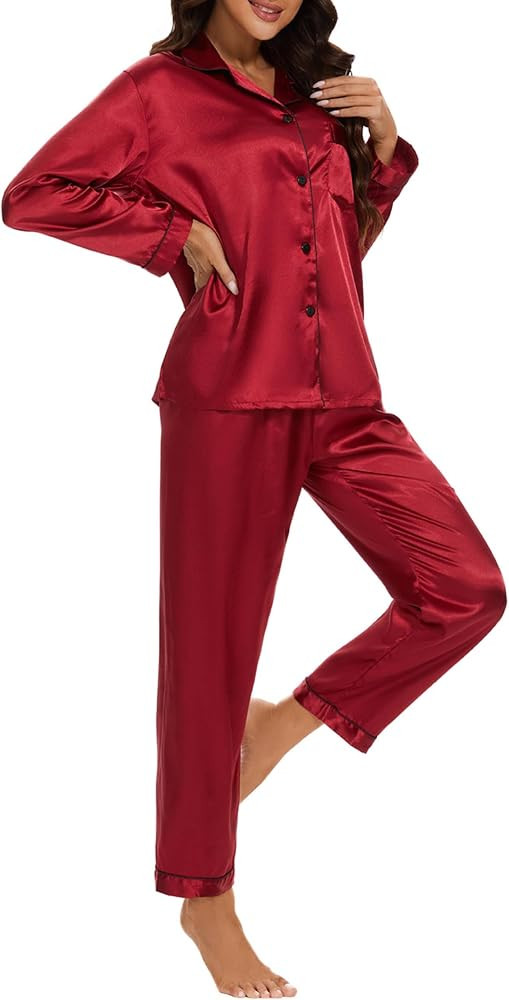 GAESHOW Silk Pajamas for Women Long Sleeve Button Down Sleepwear 2 Piece Loungewear Pjs Set | Amazon (US)
