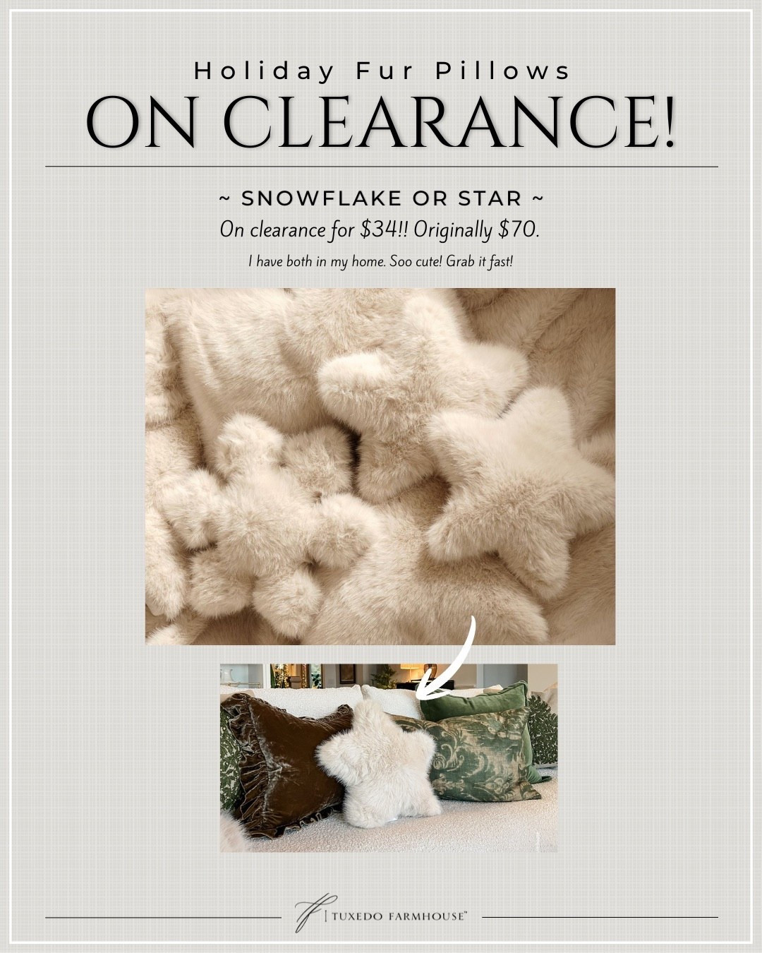These fun fur snowflake and star pillows from Pottery Barn are on clearance for $34!! Originally $70! I have both in my home. Soo cute! Many other holiday pillows on sale too. 

They have a tiny sparkle to them. 

#ltkhome

#LTKHoliday #LTKFindsUnder50 #LTKSaleAlert