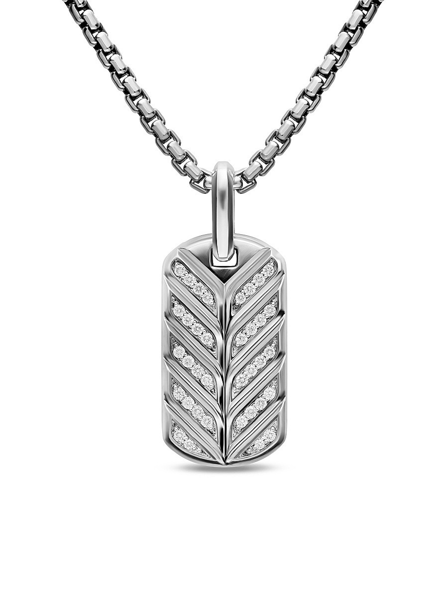 Men's Chevron Fluorescent Tag in Sterling Silver with Diamonds, 27MM - Silver | Saks Fifth Avenue