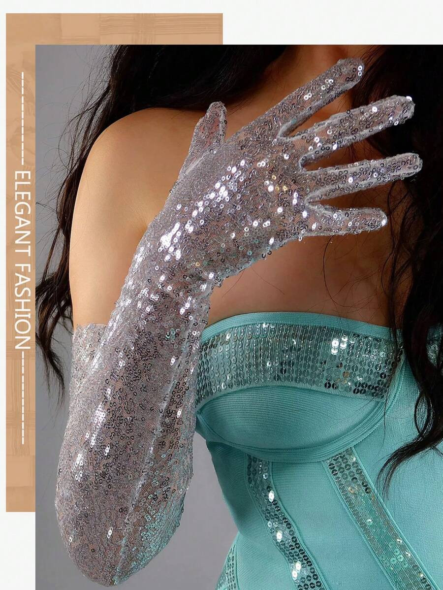 1 Pair Women's Long Silver Sparkly Sequin Finger Separate Long Gloves, Fashionable For Party Vale... | SHEIN