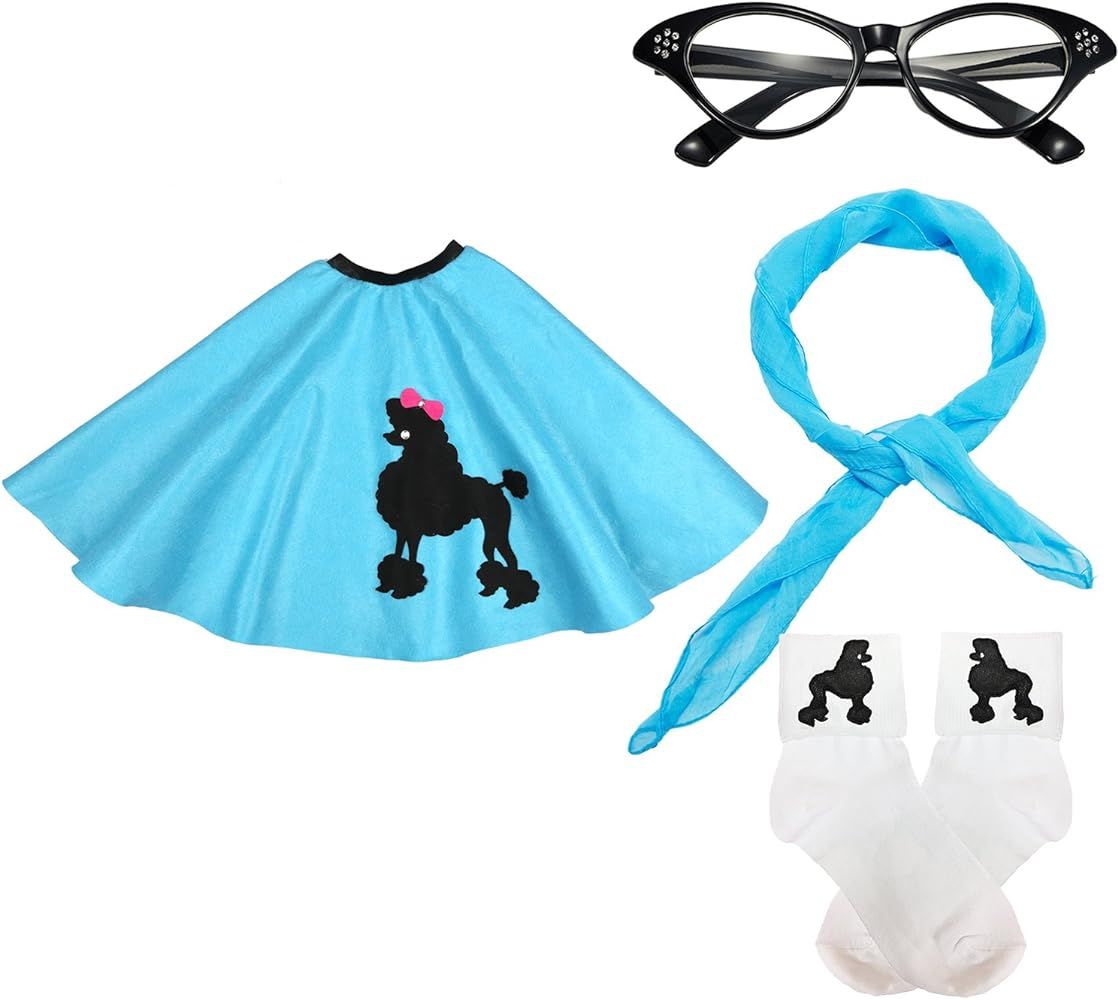 50s Girls Costume Accessory Set - Poodle Skirt, Chiffon Scarf, Cat Eye Glasses,Bobby Socks | Amazon (US)