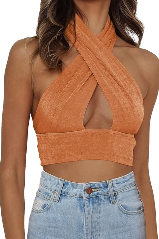 Dealmore Women's Summer Crop Top Halter Neck Criss Cross Sexy Y2k Tops Backless Cami Tank | Amazon (US)