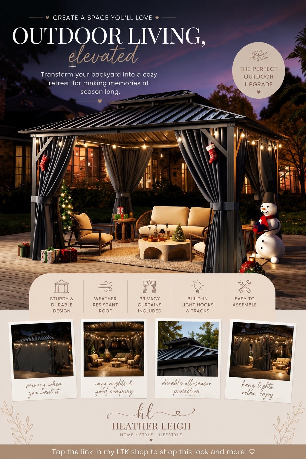 ✨ Outdoor living, elevated ✨

Dreaming of cozy nights under the lights with this beautiful gazebo setup 🤍 The perfect backyard upgrade for relaxing evenings, hosting friends, or creating a peaceful outdoor retreat at home.

I love the privacy curtains, warm lighting, and how luxe it makes an outdoor space feel while still being functional year-round 🌙

#heatherleighfinds #ltkhome #outdoorliving #gazebo #backyardgoals #patiodecor #cozyhome #outdoorstyle #backyardinspo #homedecor