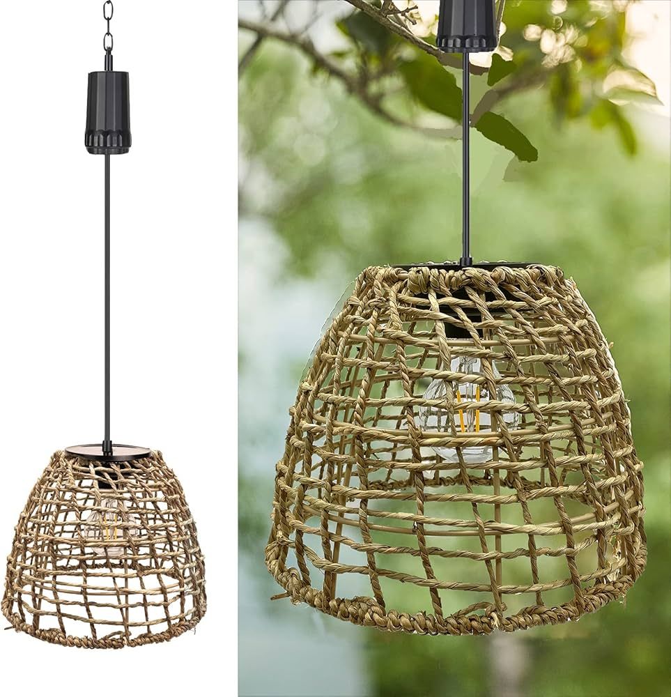 6 Hours Timer Battery Operated Outdoor Hanging Light Seagrass Woven Waterproof Porch Gazebo Patio... | Amazon (US)