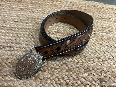 Vintage Tony Lama Leather Tooled Western Belt With Rose Brass Buckle 28  | eBay | eBay US