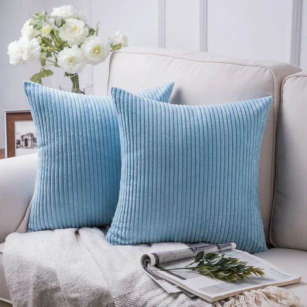 Soft Corduroy Striped Velvet Series Decorative Throw Pillow, 18" x 18", Light Blue, 2 Pack | Walmart (US)