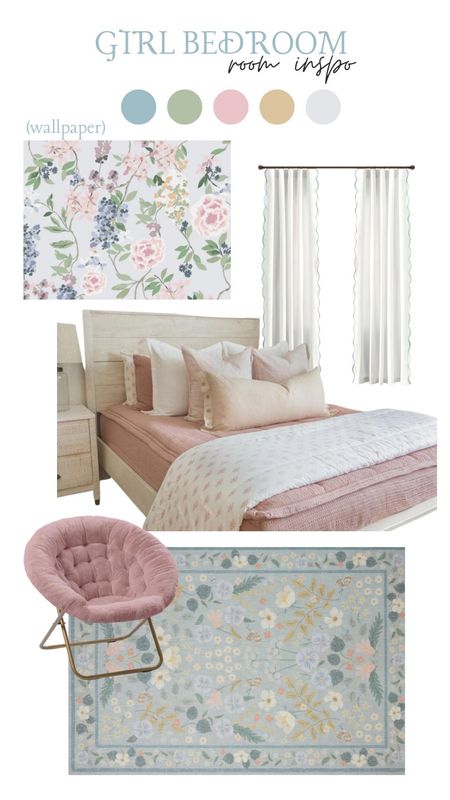 Girl bedroom inspo! Kids room. Home decor. Mood board for little girls room. Willow sky rug. Rifle paper co decor. Floral wallpaper, pink girly bedding, fluffy kids chair, colorful rug, pillows, bedding, Amazon curtains. Scalloped sheer curtains. 

#LTKkids #LTKhome #LTKfamily