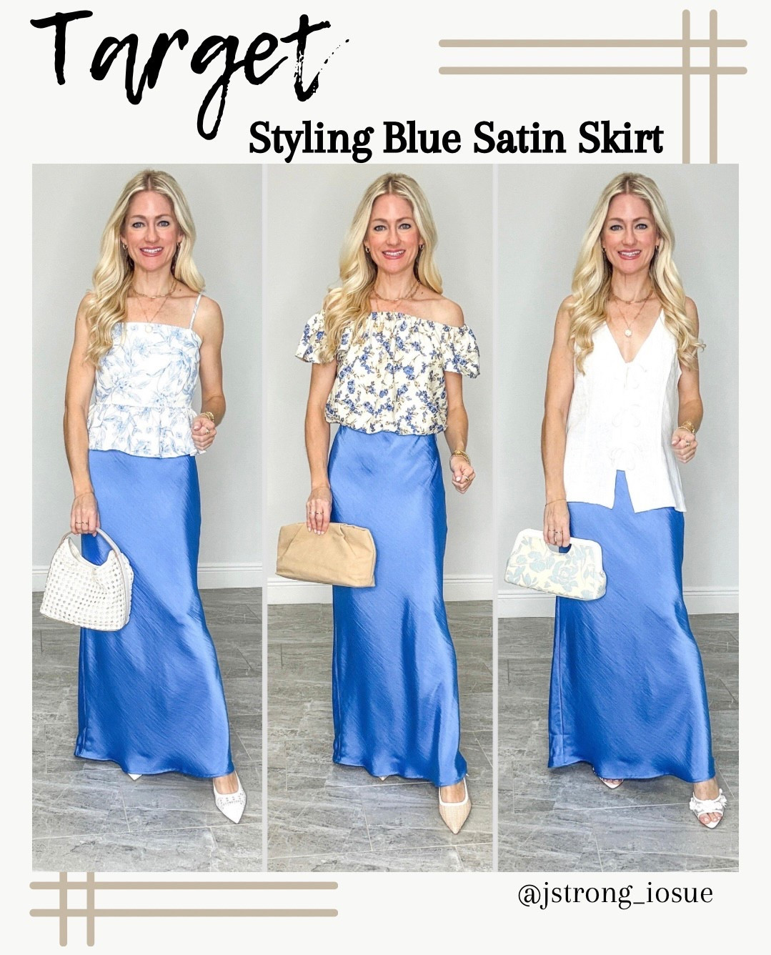 Three ways to style this blue satin skirt from Target! Skirt is a midi length but if you are petite (I’m 5’1) it will be maxi length. Skirt is an easy pull on style with an elastic waist. Floral peplum top has adjustable straps with a smocked back. Floral flutter sleeve top has an elastic wasitband and neckline with the option to wear the sleeves off the shoulder. linen tie V neck top is lightweight and a flowy style, consider sizing down. Add some fun details to the outfit by wearing these cute floral rhinestone heels and blue floral clutch.

#LTKFindsUnder50 #LTKStyleTip
