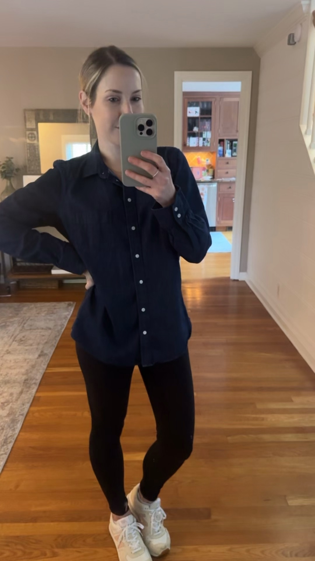 Dark blue chambrey shirt from jcrew 
Lululemon align leggings (long length)
New Balance 574 sneakers 
Mom drop off OOTD before work from home today 

#LTKFindsUnder100 #LTKStyleTip #LTKTravel