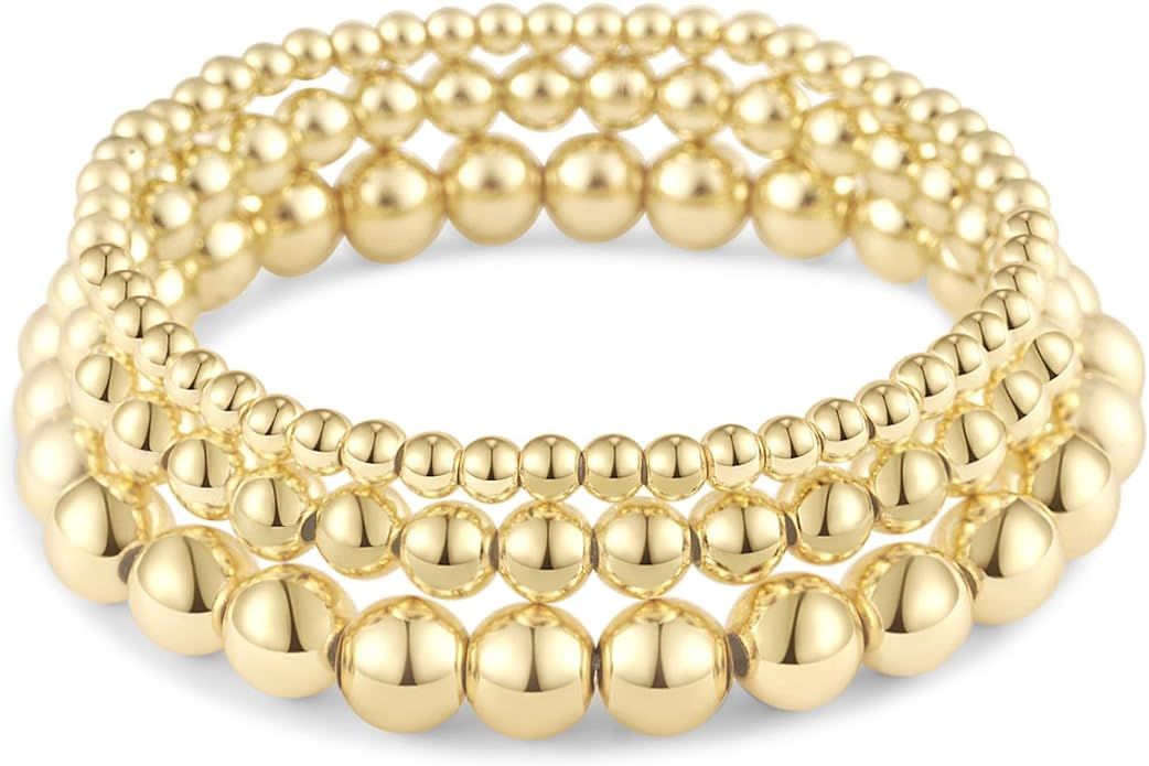 Hapuxt Gold Bead Bracelets for Women 14K Gold Plated Stretchable Beaded Bracelet Elastic Layered ... | Amazon (US)