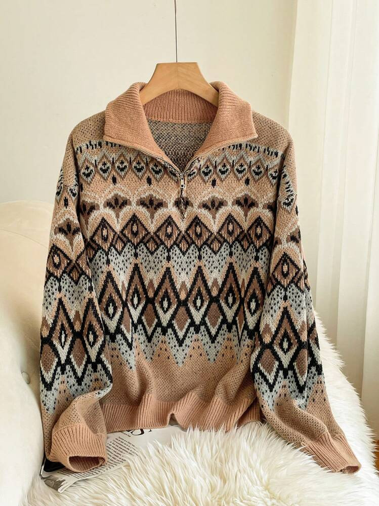 SHEIN Cosyjoi Plus Size Printed Pattern Crew Neck Long Sleeve Sweater, For Winter | SHEIN